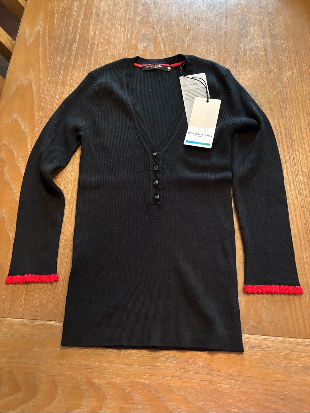 Scotch & Soda Black V-Neck Ribbed Sweater with Red Trim - Picture 3 of 9